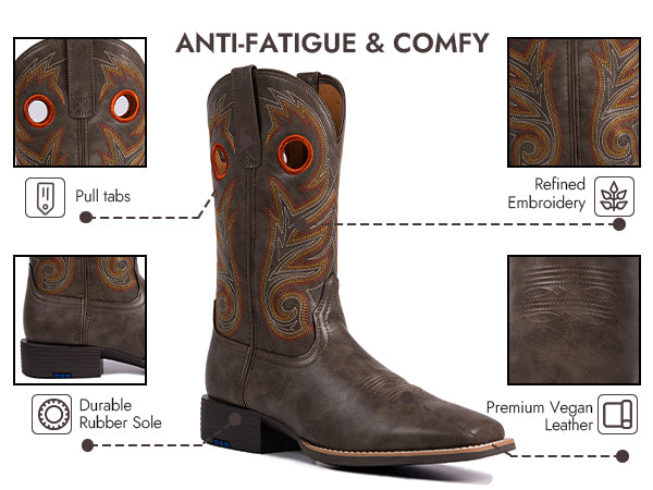 Palitutu PLT603603 Men's Western Cowboy Boots - PU Leather, Square Toe