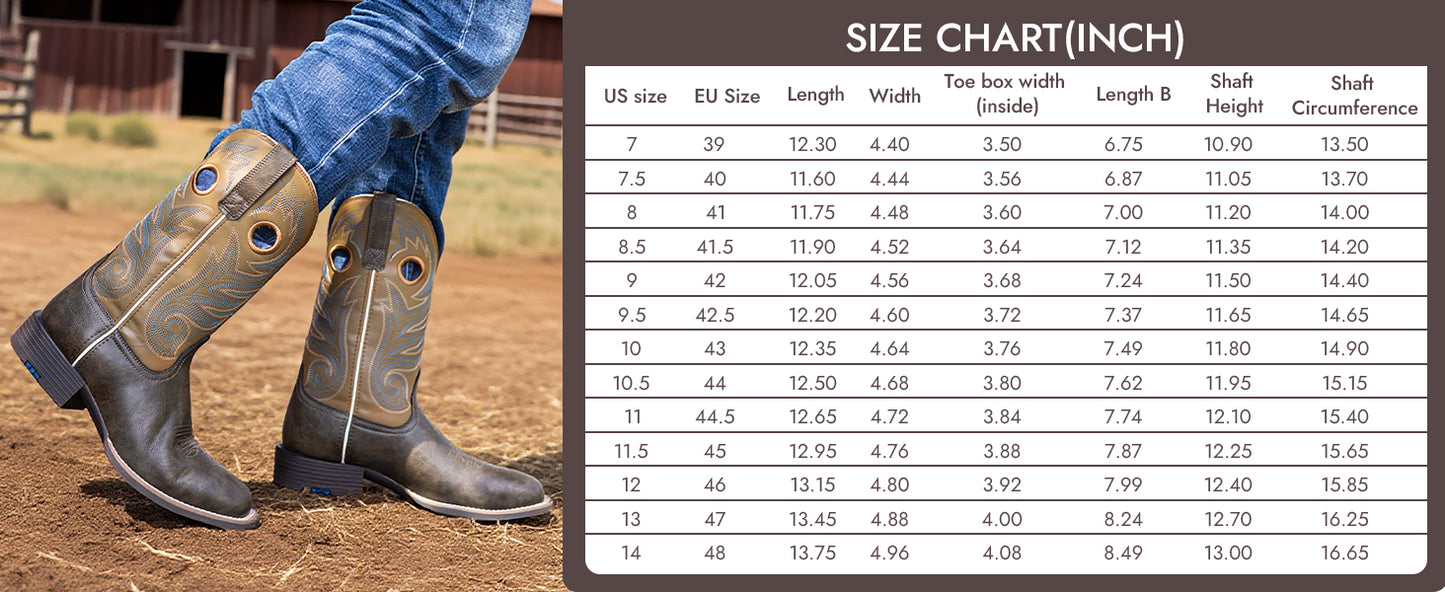 Palitutu PLT603604 Men's Western Cowboy Boots - PU Leather, Square Toe