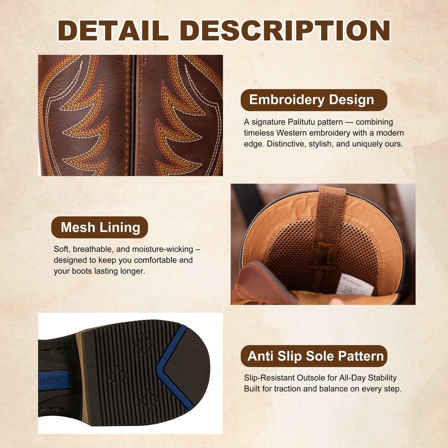 Palitutu PLT103601 Men's Western Cowboy Boots - Full Grain Leather, Square Toe