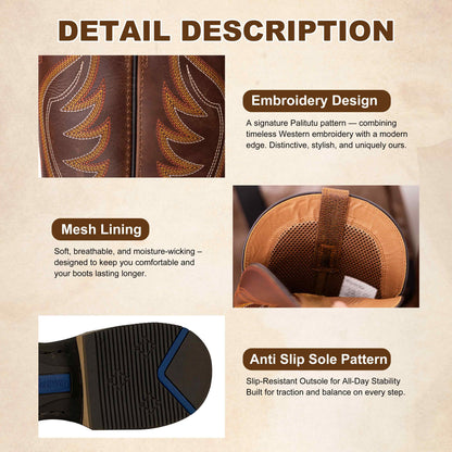 Palitutu PLT103601 Men's Western Cowboy Boots - Full Grain Leather, Square Toe