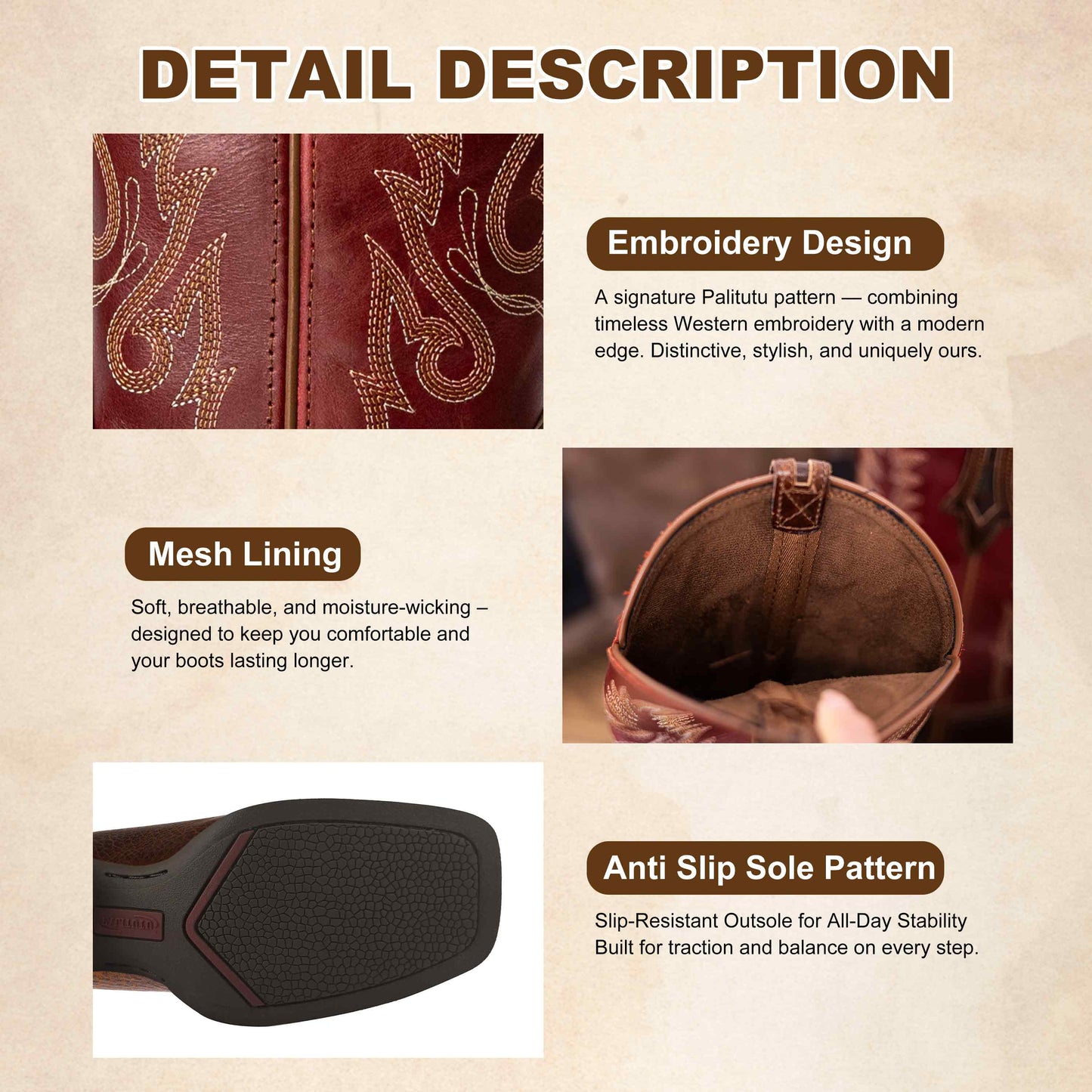 Palitutu PLT203607 Women's Western Cowgirl Boots - Full Grain Leather, Square Toe