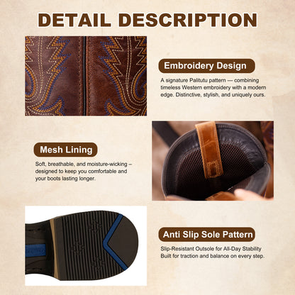 Palitutu PLT103602 Men's Western Cowboy Boots - Full Grain Leather, Square Toe