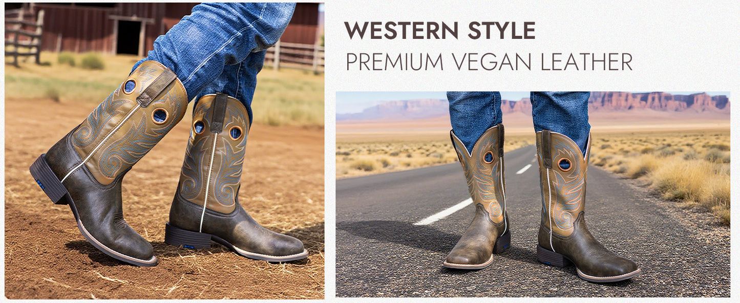 Palitutu PLT603604 Men's Western Cowboy Boots - PU Leather, Square Toe