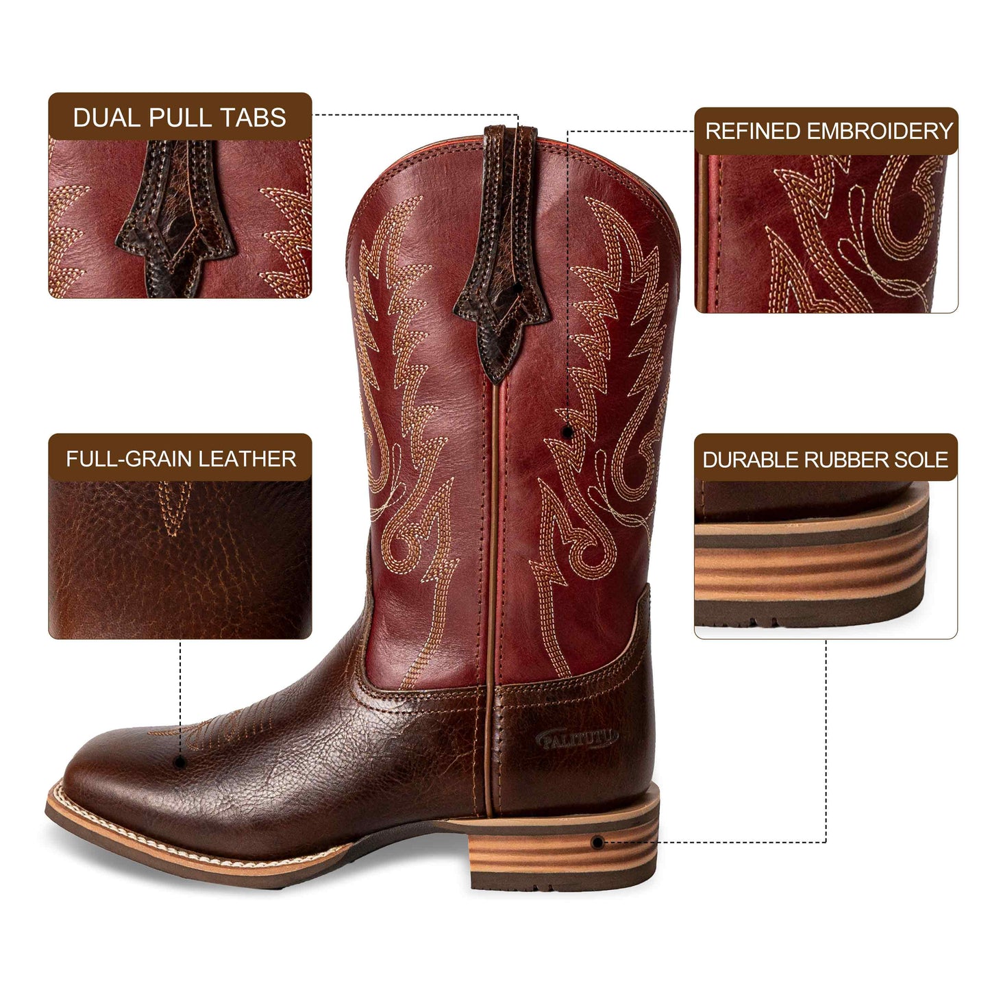Palitutu PLT203607 Women's Western Cowgirl Boots - Full Grain Leather, Square Toe