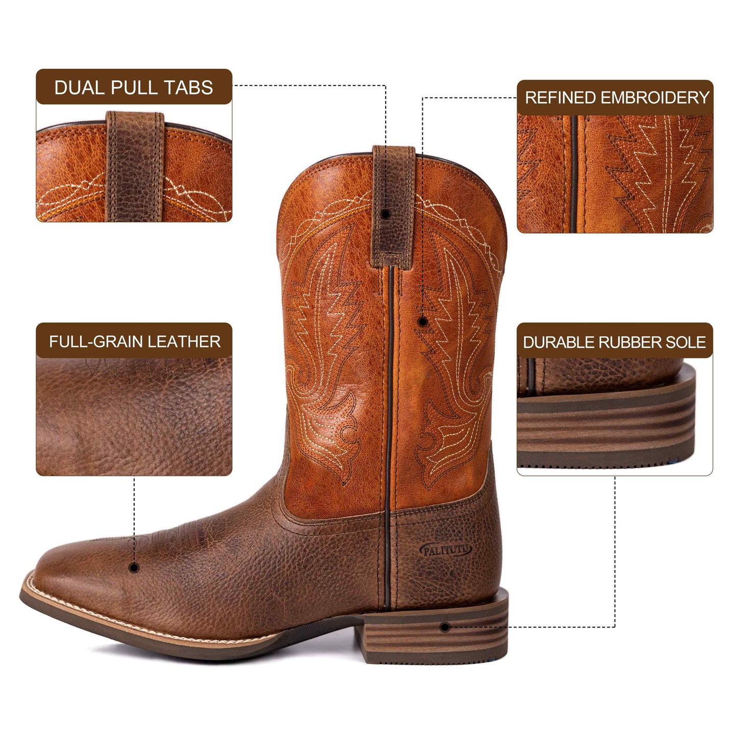 Palitutu PLT103617 Men's Western Cowboy Boots - Full Grain Leather, Square Toe