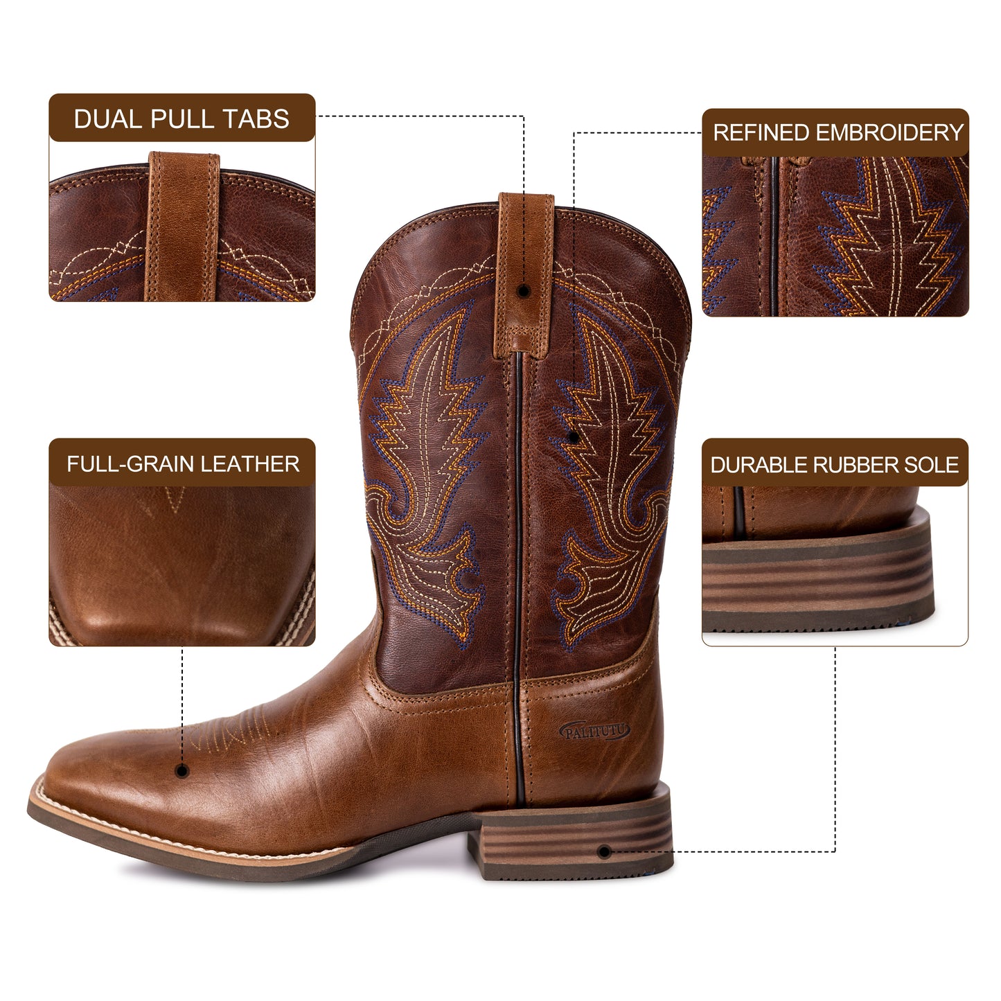 Palitutu PLT103602 Men's Western Cowboy Boots - Full Grain Leather, Square Toe