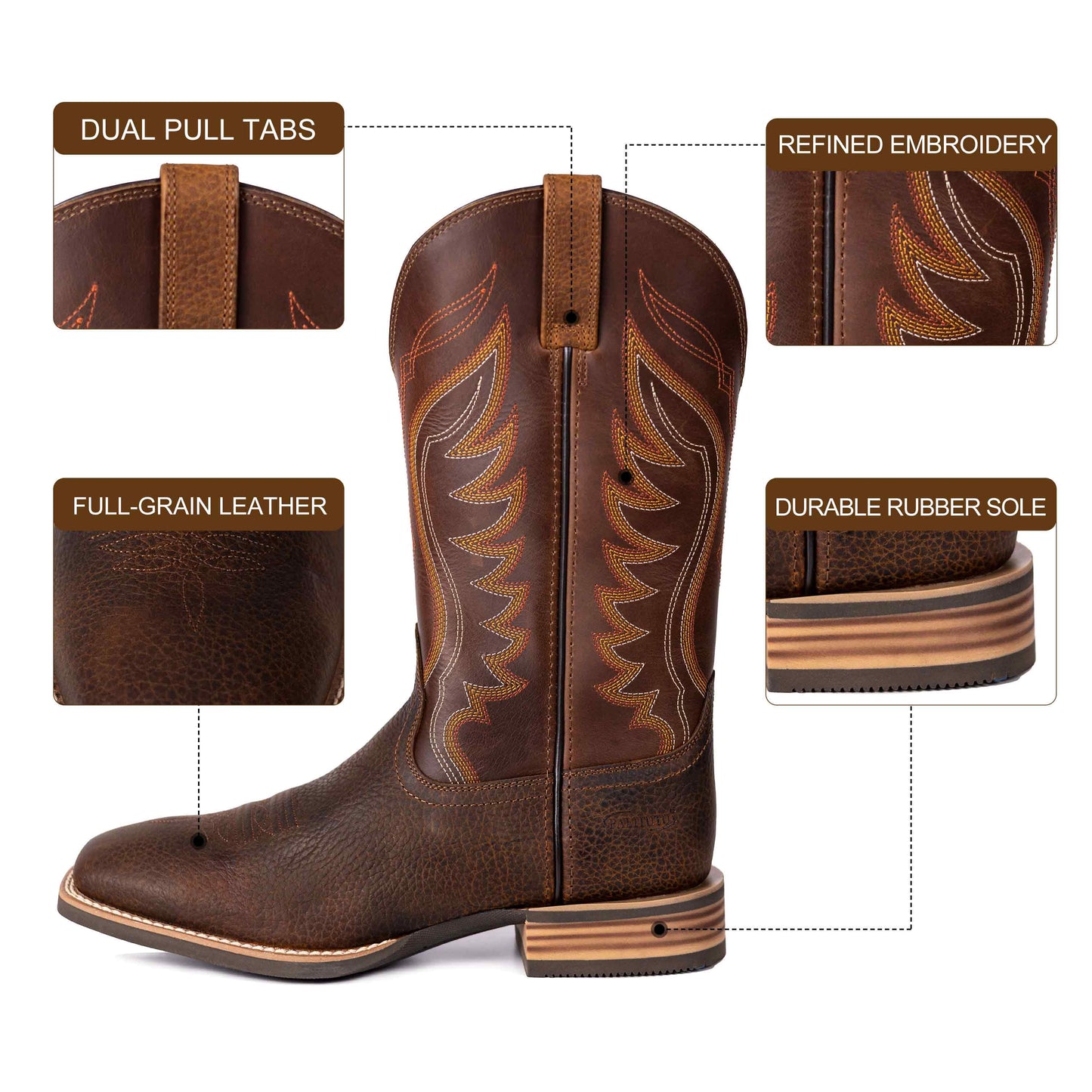 Palitutu PLT103601 Men's Western Cowboy Boots - Full Grain Leather, Square Toe