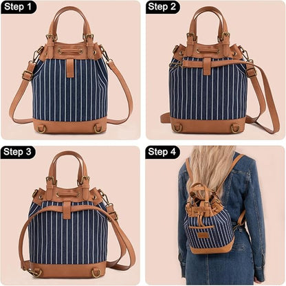 LEE56-003  LEE Striped Denim Canvas Drawstring Bucket Bag/Crossbody Convertible Backpack