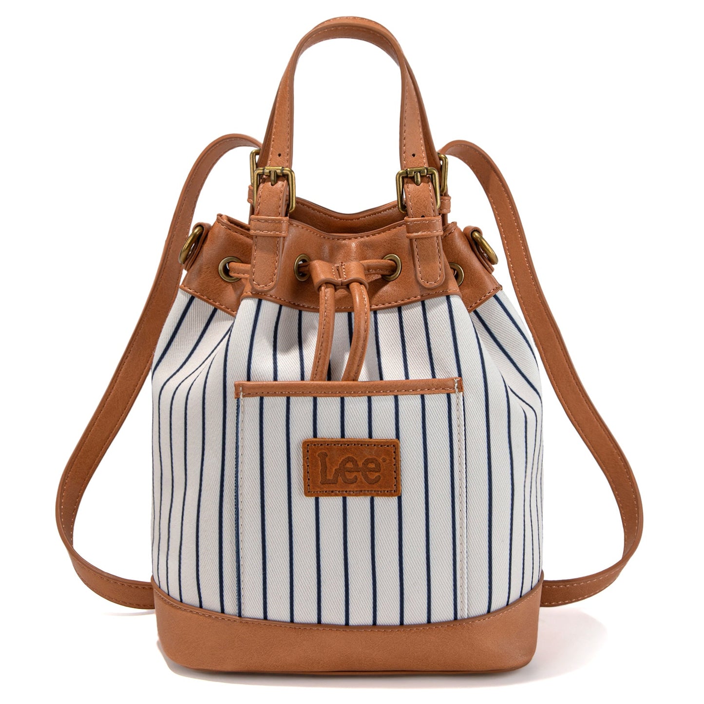 LEE56-003  LEE Striped Denim Canvas Drawstring Bucket Bag/Crossbody Convertible Backpack