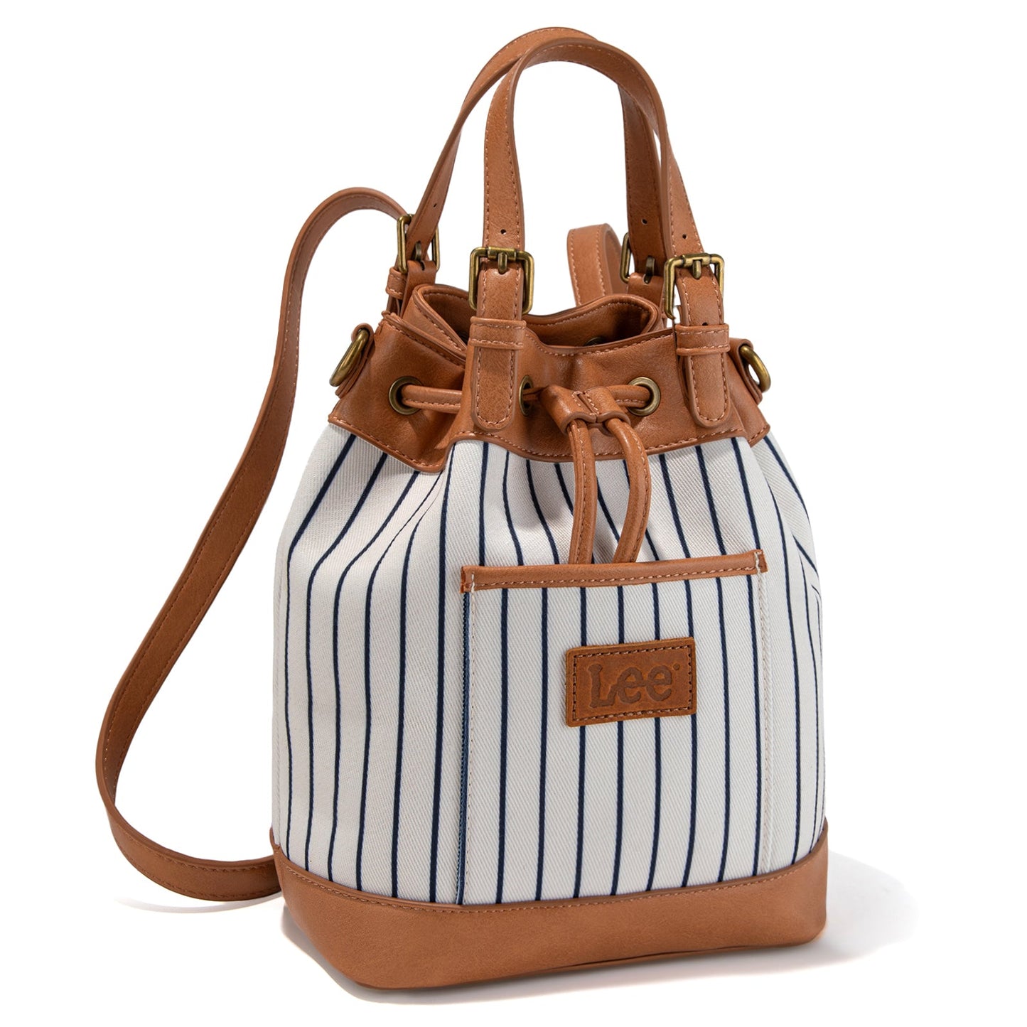 LEE56-003  LEE Striped Denim Canvas Drawstring Bucket Bag/Crossbody Convertible Backpack