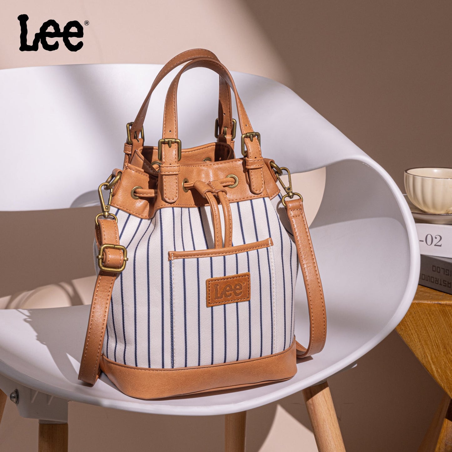LEE56-003  LEE Striped Denim Canvas Drawstring Bucket Bag/Crossbody Convertible Backpack
