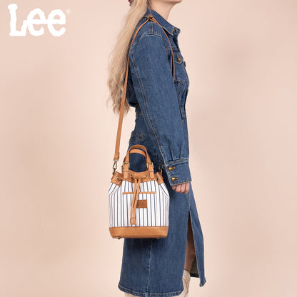 LEE56-003  LEE Striped Denim Canvas Drawstring Bucket Bag/Crossbody Convertible Backpack