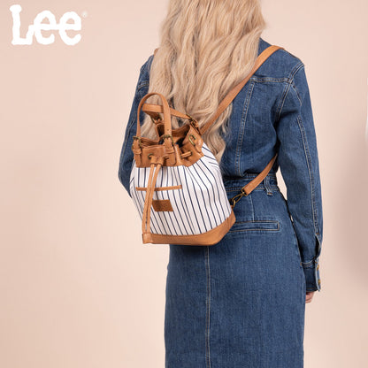 LEE56-003  LEE Striped Denim Canvas Drawstring Bucket Bag/Crossbody Convertible Backpack