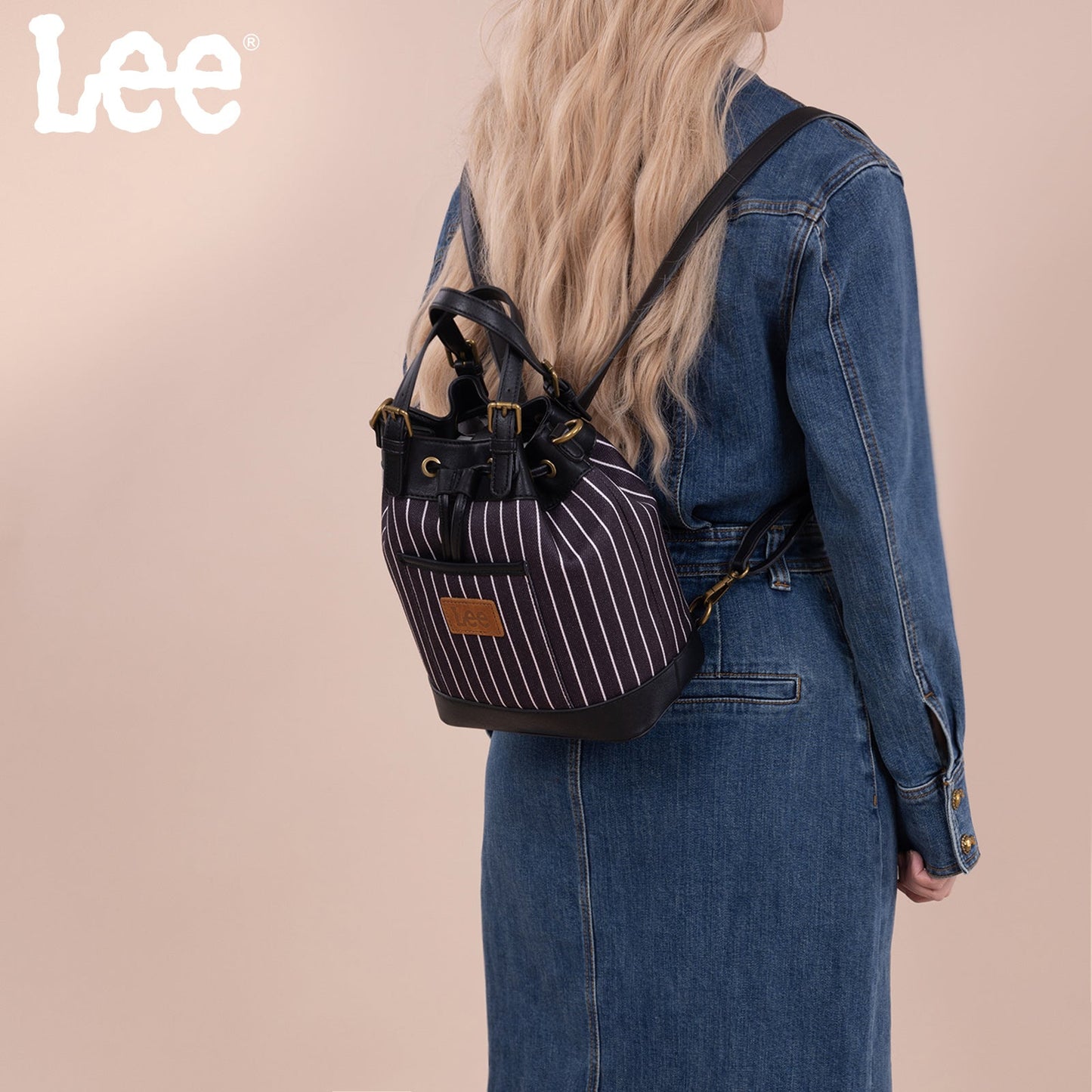 LEE56-003  LEE Striped Denim Canvas Drawstring Bucket Bag/Crossbody Convertible Backpack