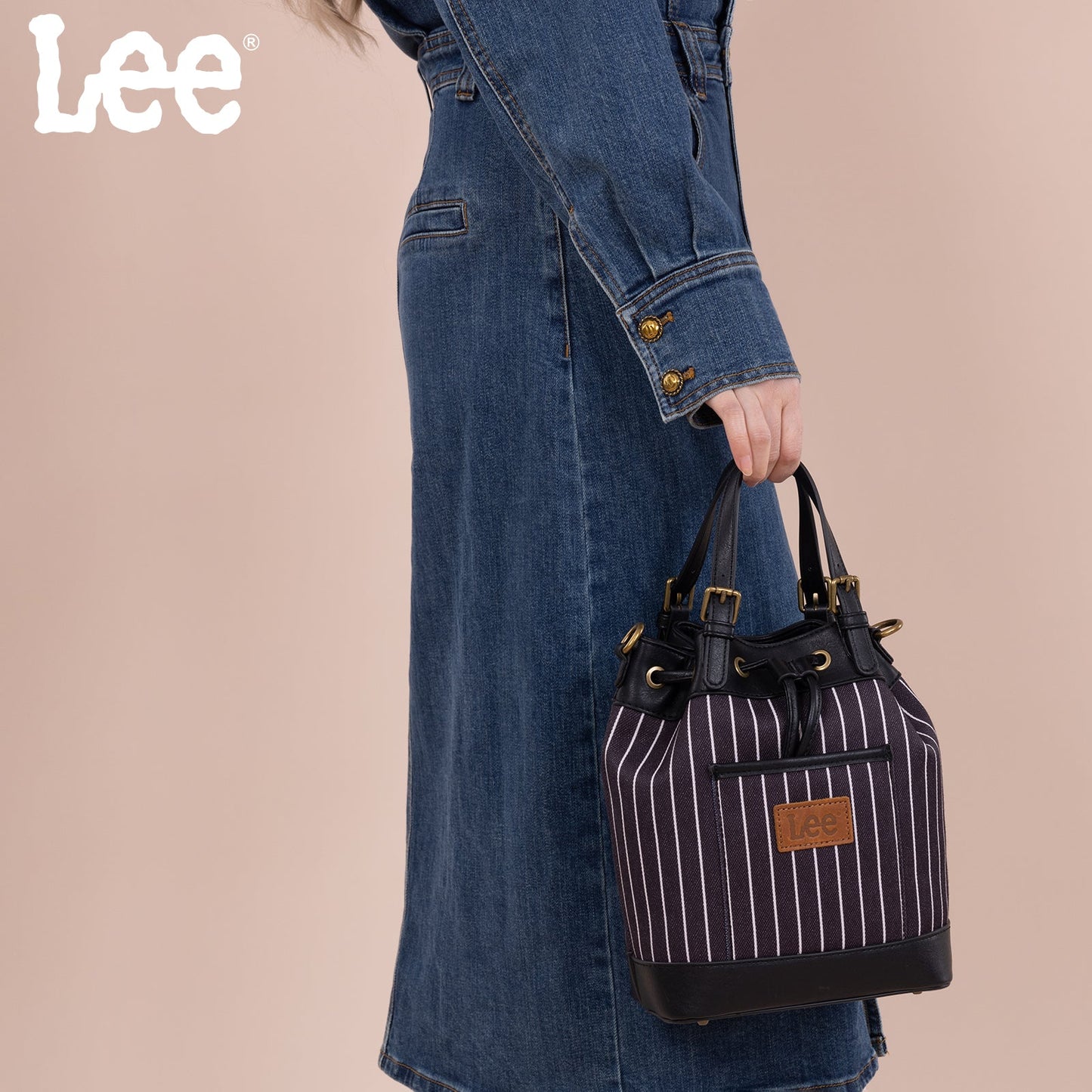 LEE56-003  LEE Striped Denim Canvas Drawstring Bucket Bag/Crossbody Convertible Backpack