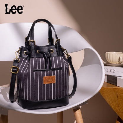 LEE56-003  LEE Striped Denim Canvas Drawstring Bucket Bag/Crossbody Convertible Backpack
