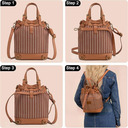 LEE56-003  LEE Striped Denim Canvas Drawstring Bucket Bag/Crossbody Convertible Backpack