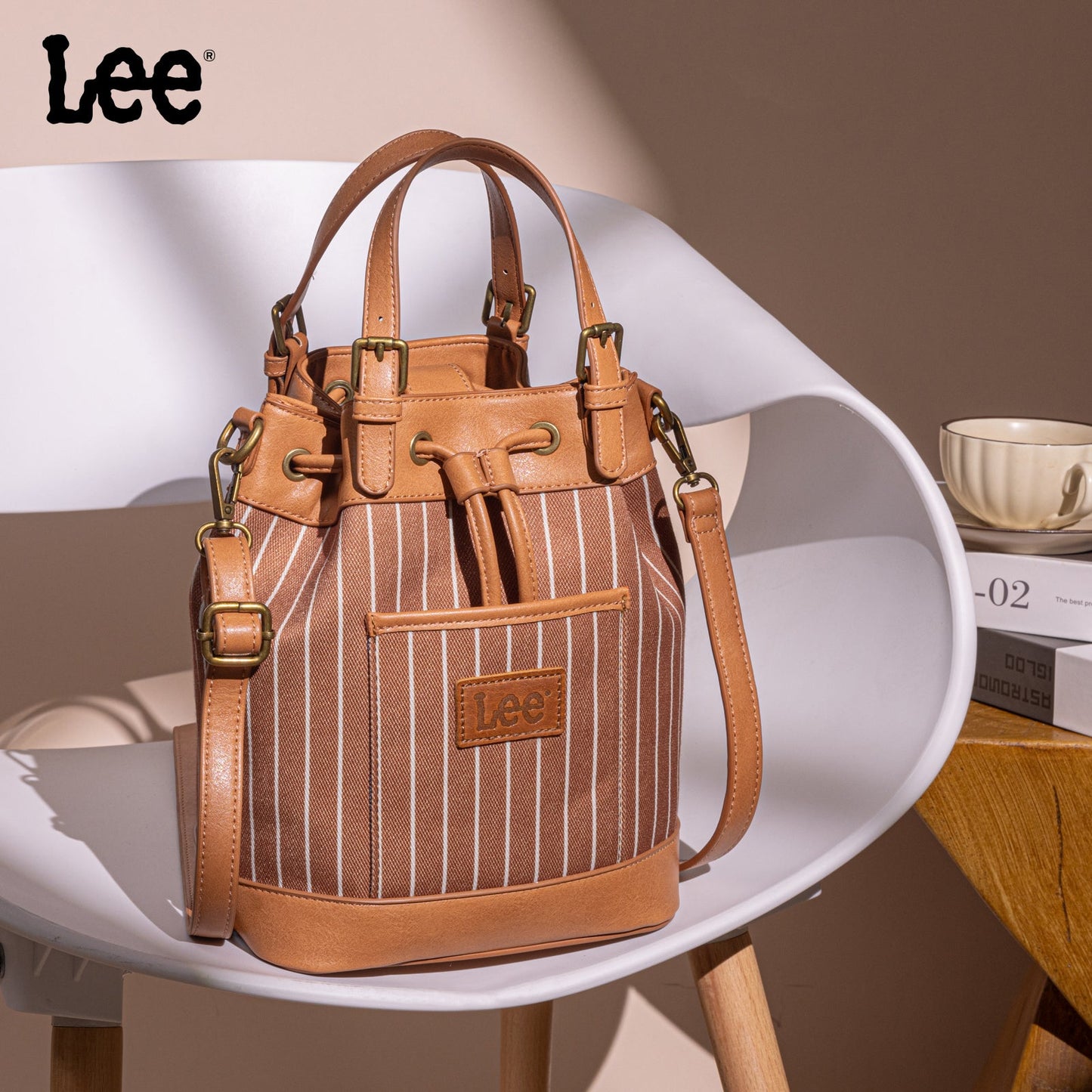 LEE56-003  LEE Striped Denim Canvas Drawstring Bucket Bag/Crossbody Convertible Backpack