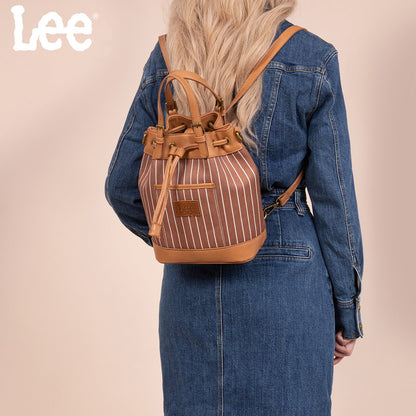 LEE56-003  LEE Striped Denim Canvas Drawstring Bucket Bag/Crossbody Convertible Backpack