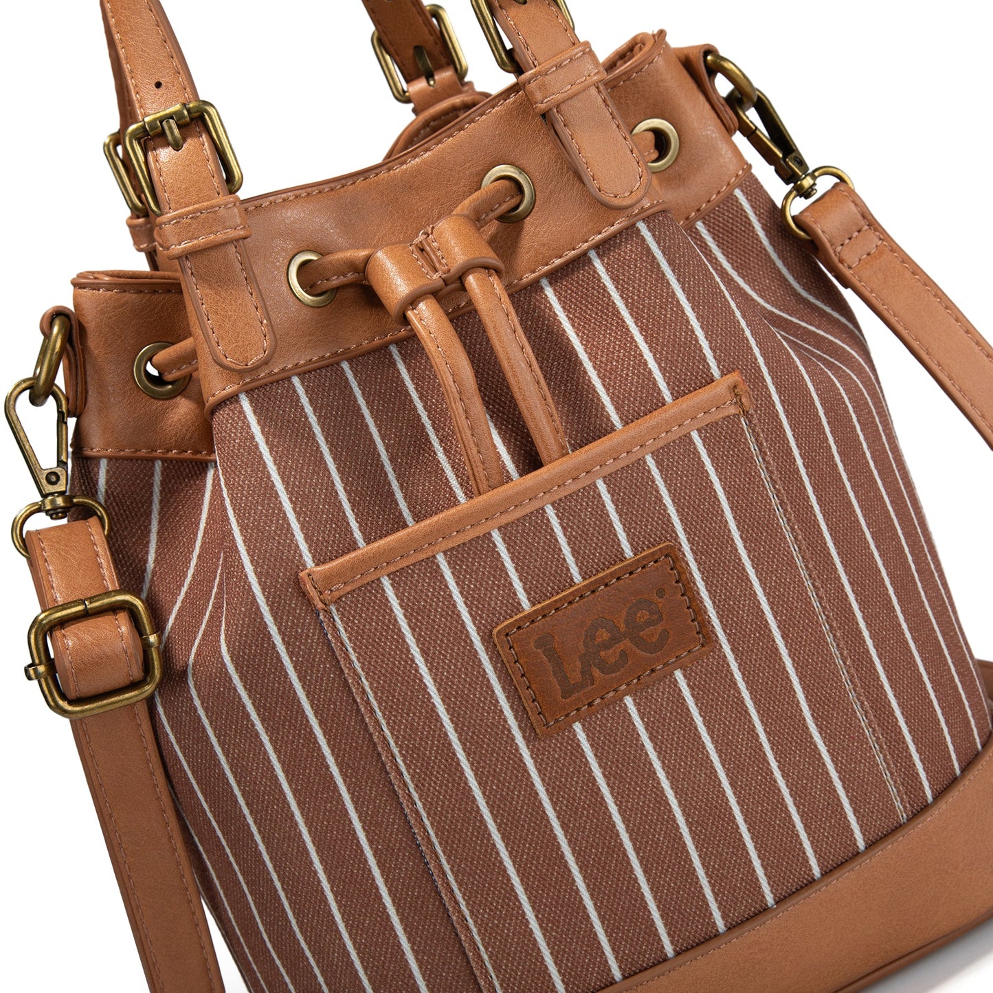 LEE56-003  LEE Striped Denim Canvas Drawstring Bucket Bag/Crossbody Convertible Backpack