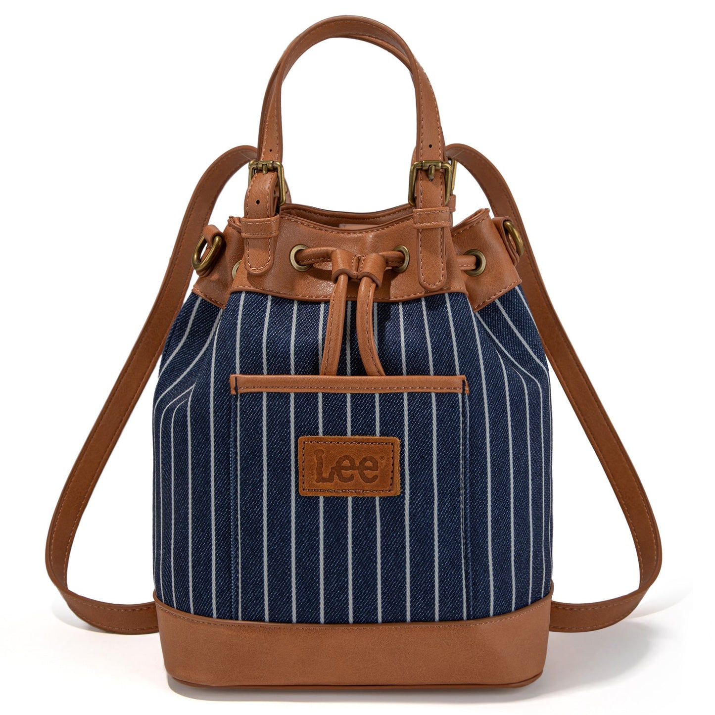 LEE56-003  LEE Striped Denim Canvas Drawstring Bucket Bag/Crossbody Convertible Backpack