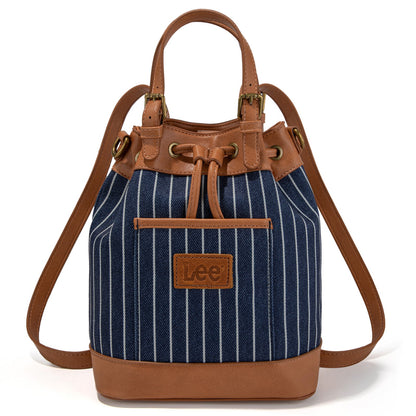 LEE56-003  LEE Striped Denim Canvas Drawstring Bucket Bag/Crossbody Convertible Backpack