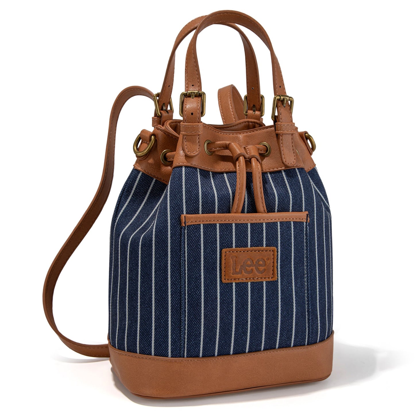 LEE56-003  LEE Striped Denim Canvas Drawstring Bucket Bag/Crossbody Convertible Backpack