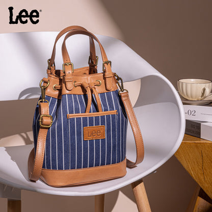 LEE56-003  LEE Striped Denim Canvas Drawstring Bucket Bag/Crossbody Convertible Backpack