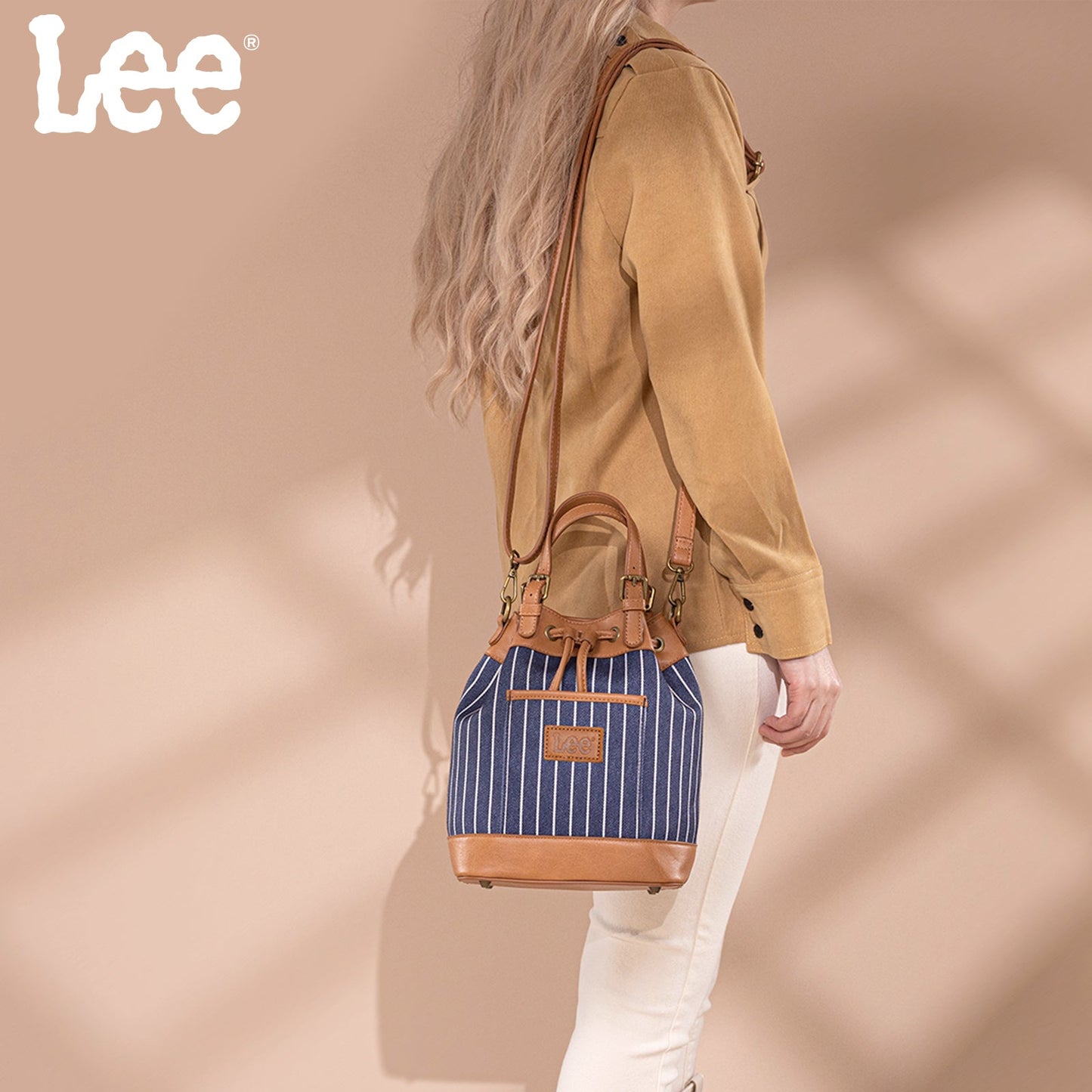 LEE56-003  LEE Striped Denim Canvas Drawstring Bucket Bag/Crossbody Convertible Backpack