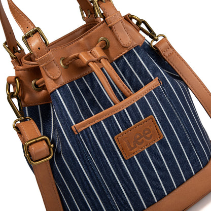 LEE56-003  LEE Striped Denim Canvas Drawstring Bucket Bag/Crossbody Convertible Backpack