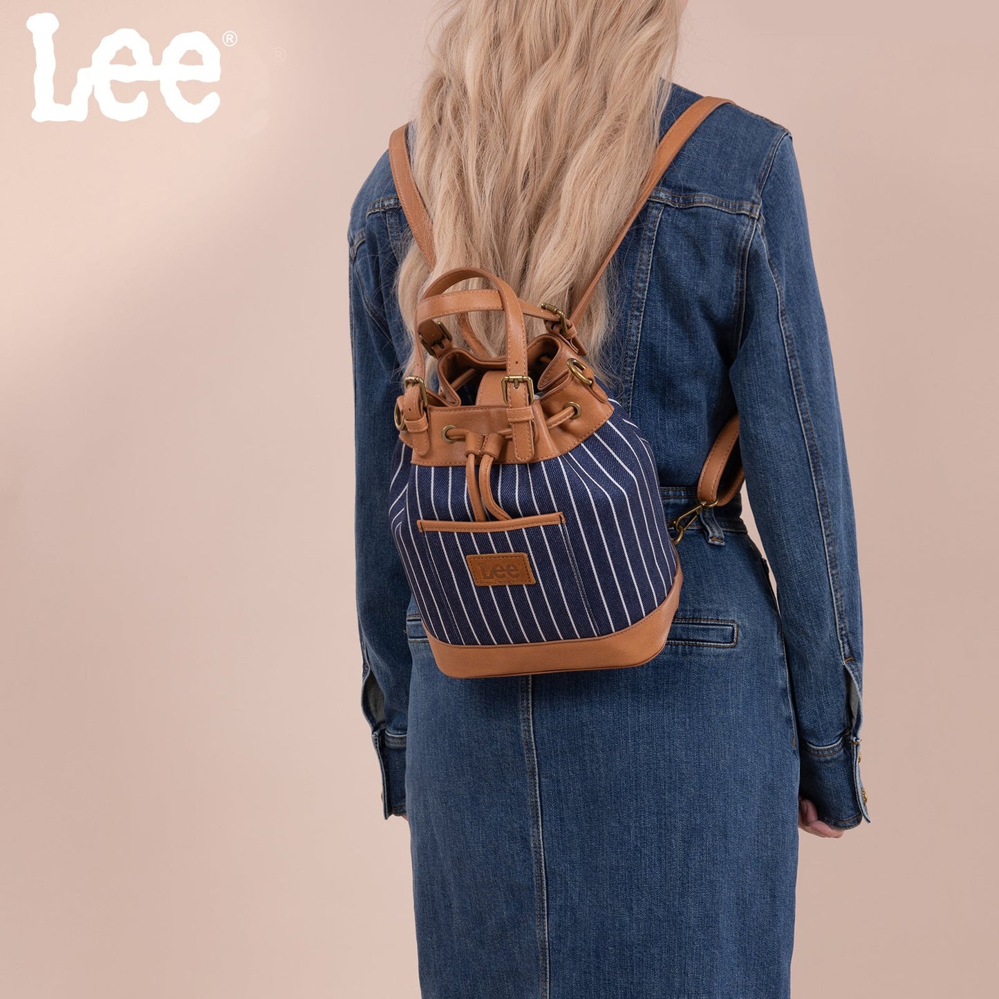LEE56-003  LEE Striped Denim Canvas Drawstring Bucket Bag/Crossbody Convertible Backpack