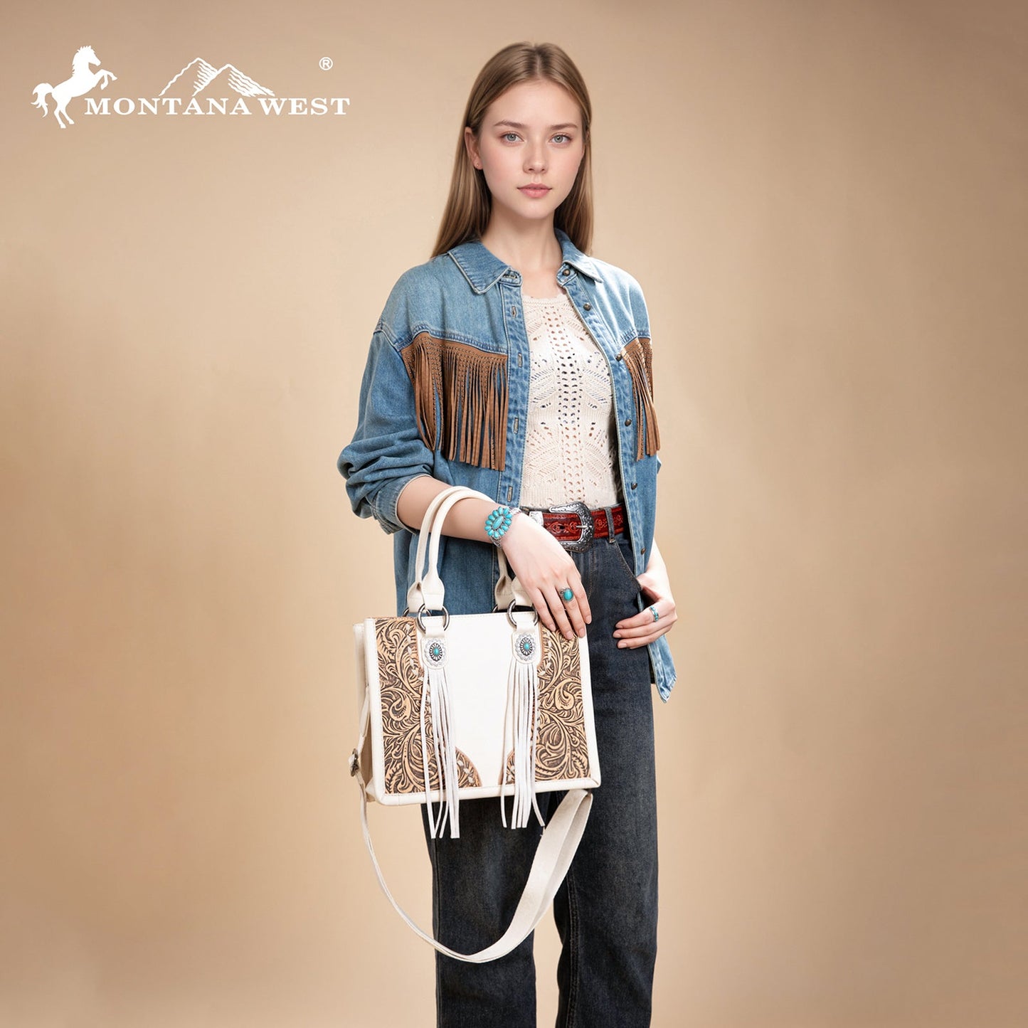 MW1339-2002  Montana West Tooled Concho Tote/Crossbody -Beige