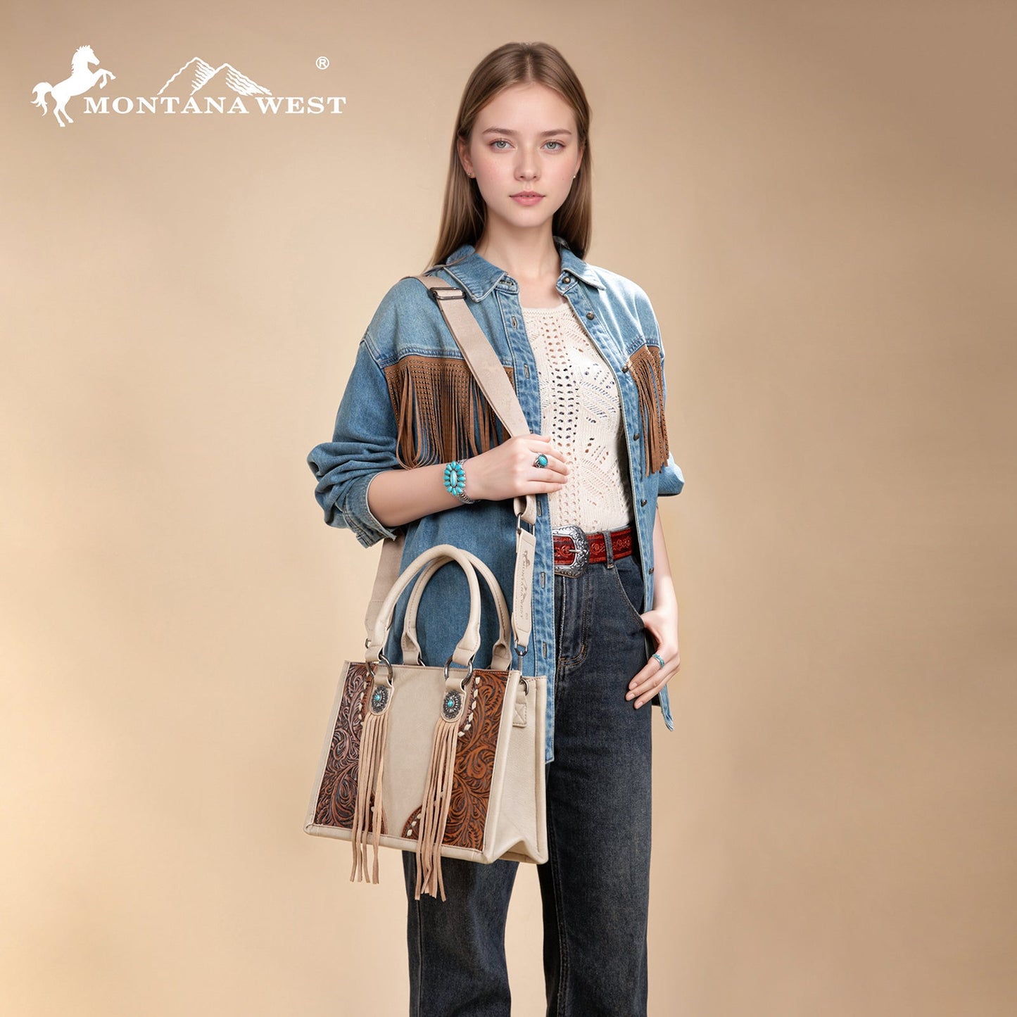 MW1339-2002  Montana West Tooled Concho Tote/Crossbody -Tan