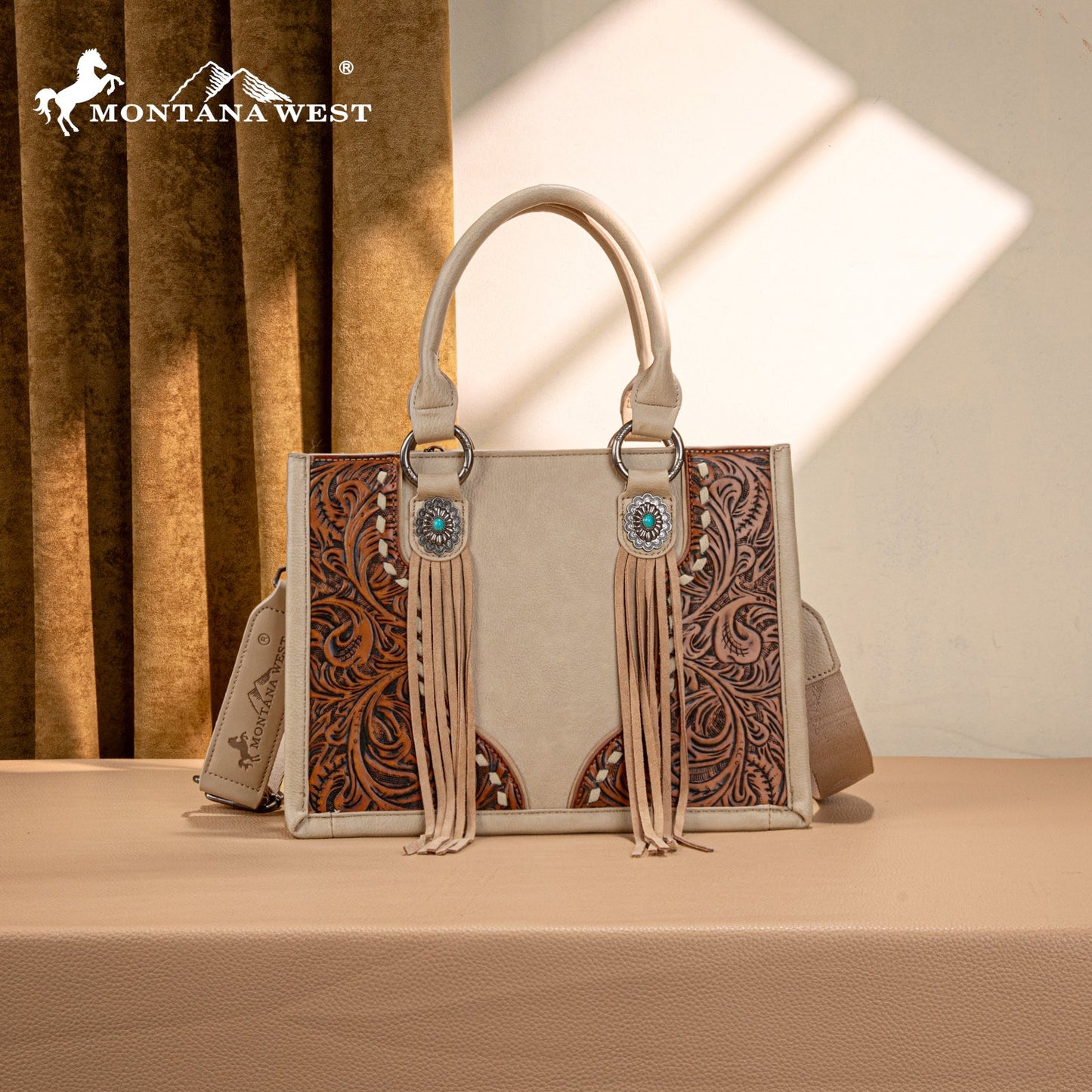 MW1339-2002  Montana West Tooled Concho Tote/Crossbody -Tan