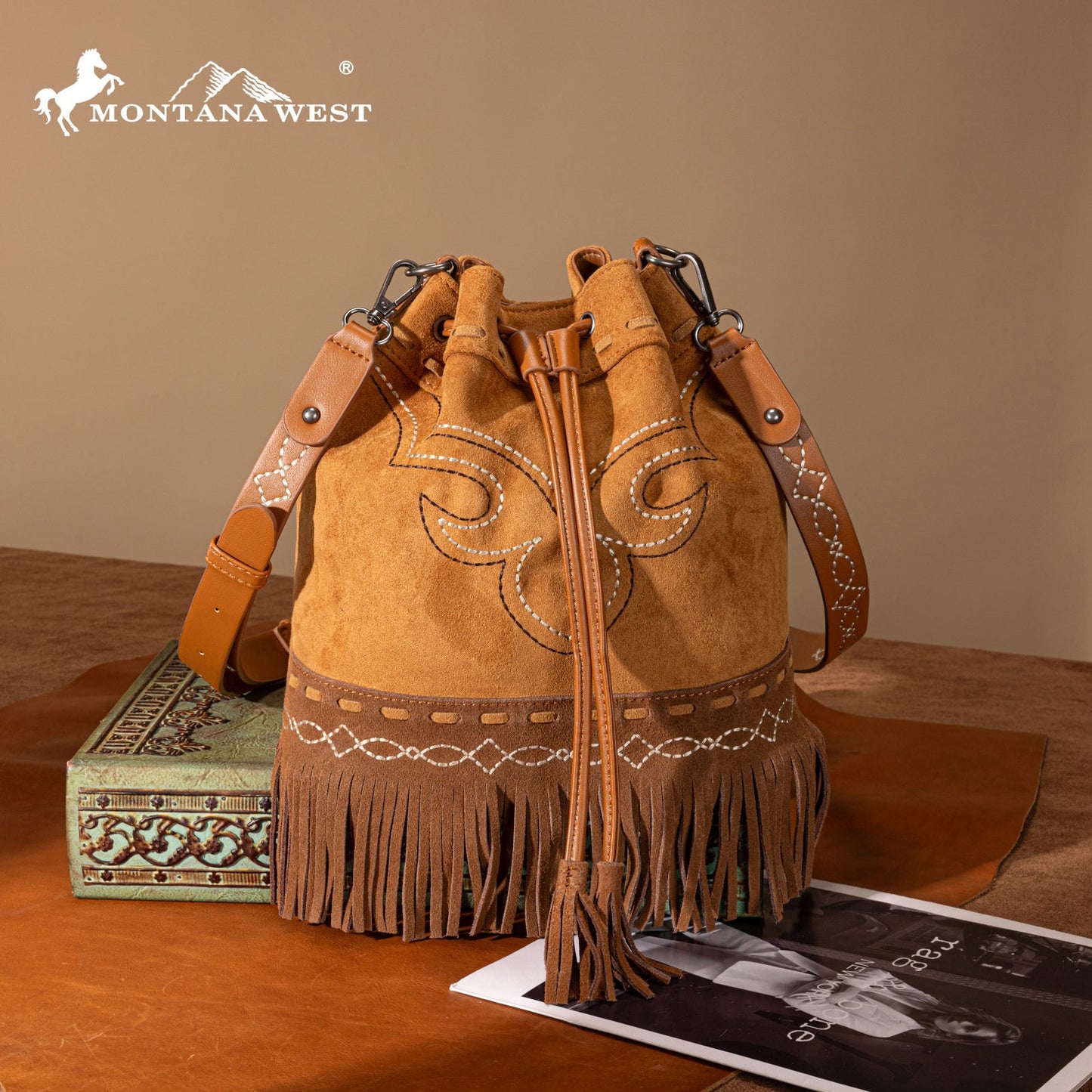 MW1341-8311 Montana West Boot Stitch Fringe Drawstring Crossbody Bag