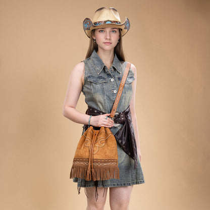 MW1341-8311 Montana West Boot Stitch Fringe Drawstring Crossbody Bag