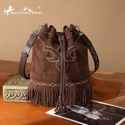 MW1341-8311 Montana West Boot Stitch Fringe Drawstring Crossbody Bag