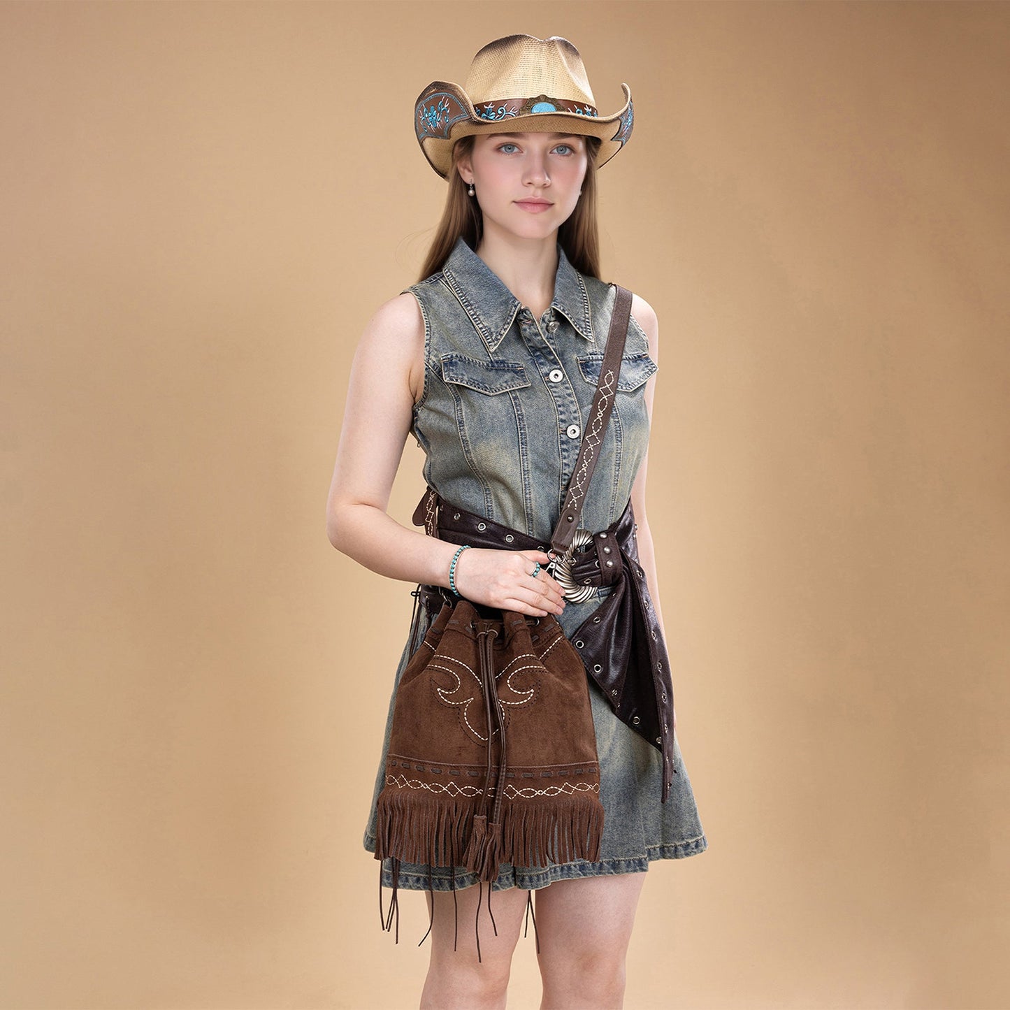 MW1341-8311 Montana West Boot Stitch Fringe Drawstring Crossbody Bag