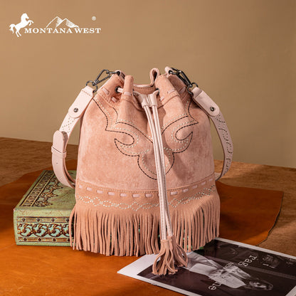 MW1341-8311 Montana West Boot Stitch Fringe Drawstring Crossbody Bag