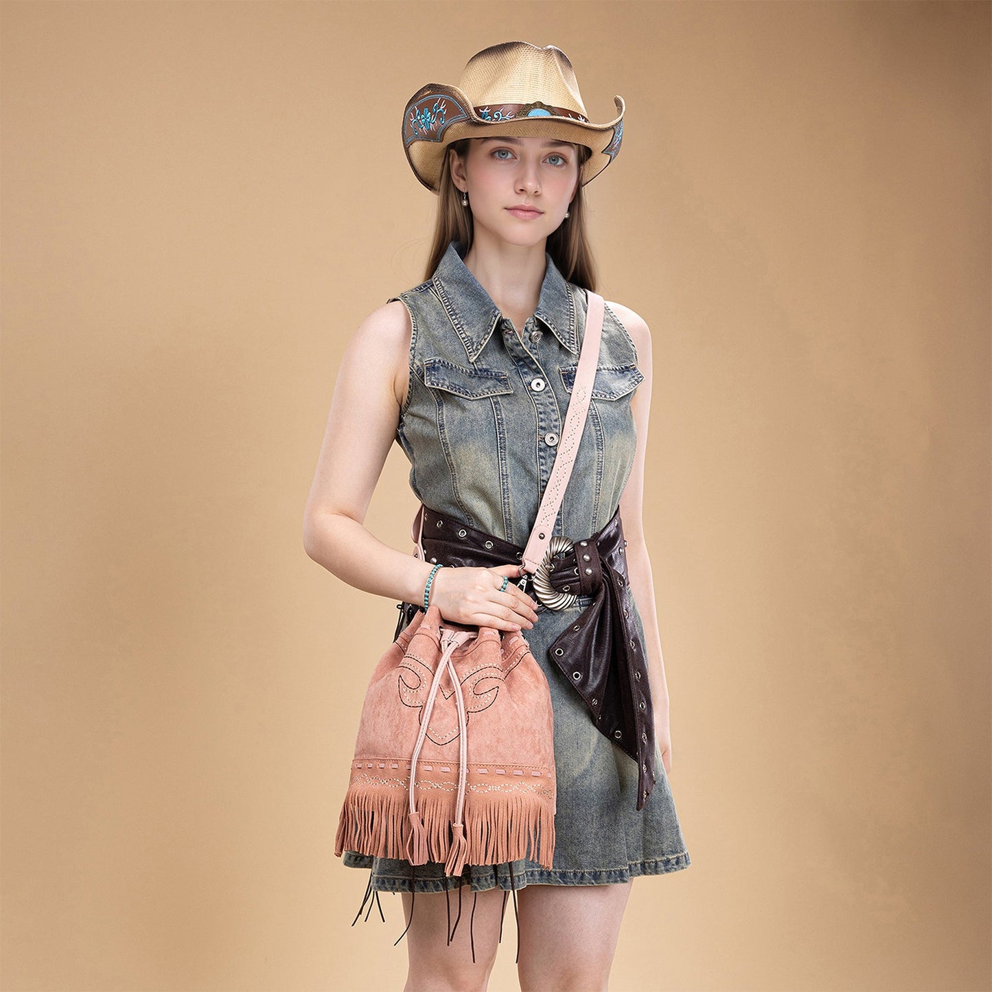 MW1341-8311 Montana West Boot Stitch Fringe Drawstring Crossbody Bag
