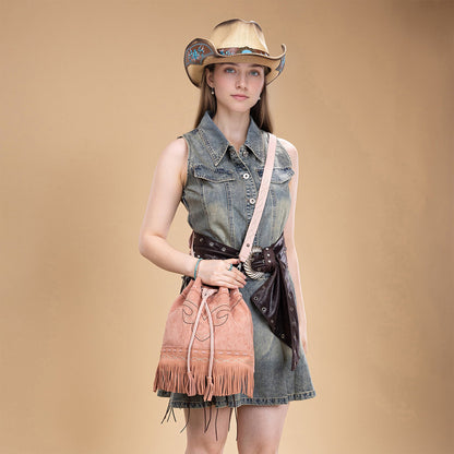 MW1341-8311 Montana West Boot Stitch Fringe Drawstring Crossbody Bag