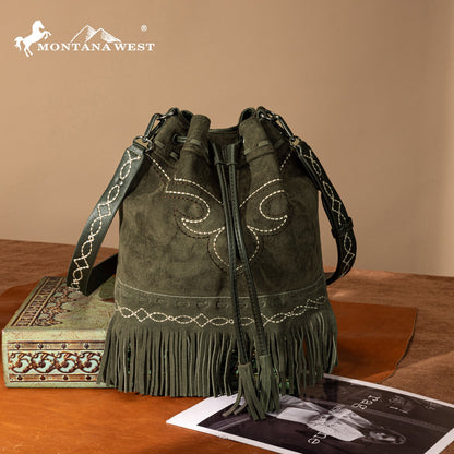 MW1341-8311 Montana West Boot Stitch Fringe Drawstring Crossbody Bag