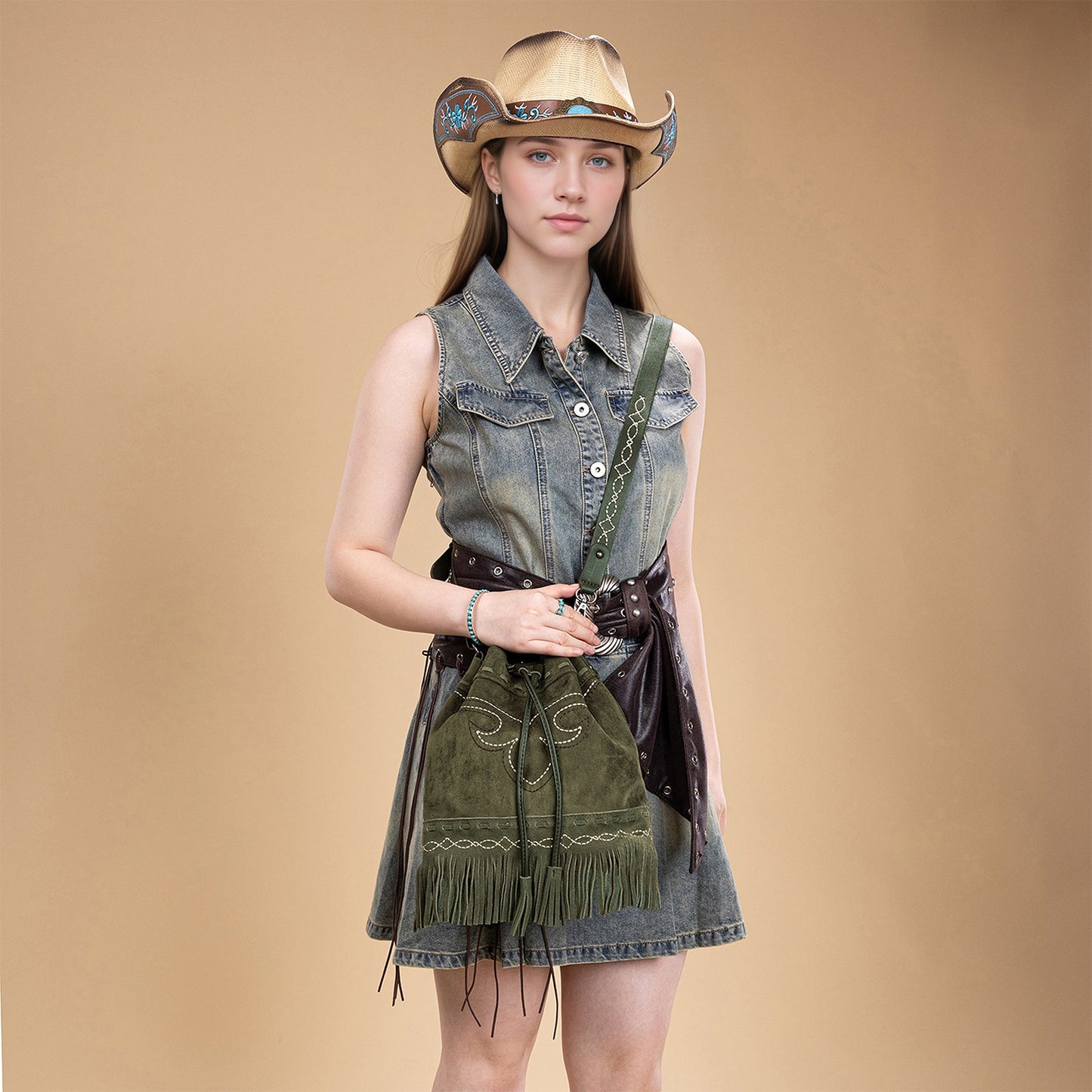 MW1341-8311 Montana West Boot Stitch Fringe Drawstring Crossbody Bag