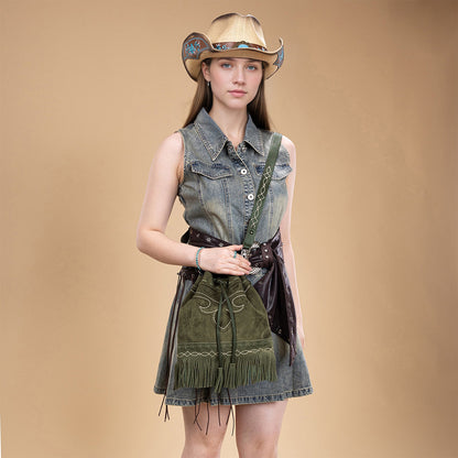 MW1341-8311 Montana West Boot Stitch Fringe Drawstring Crossbody Bag