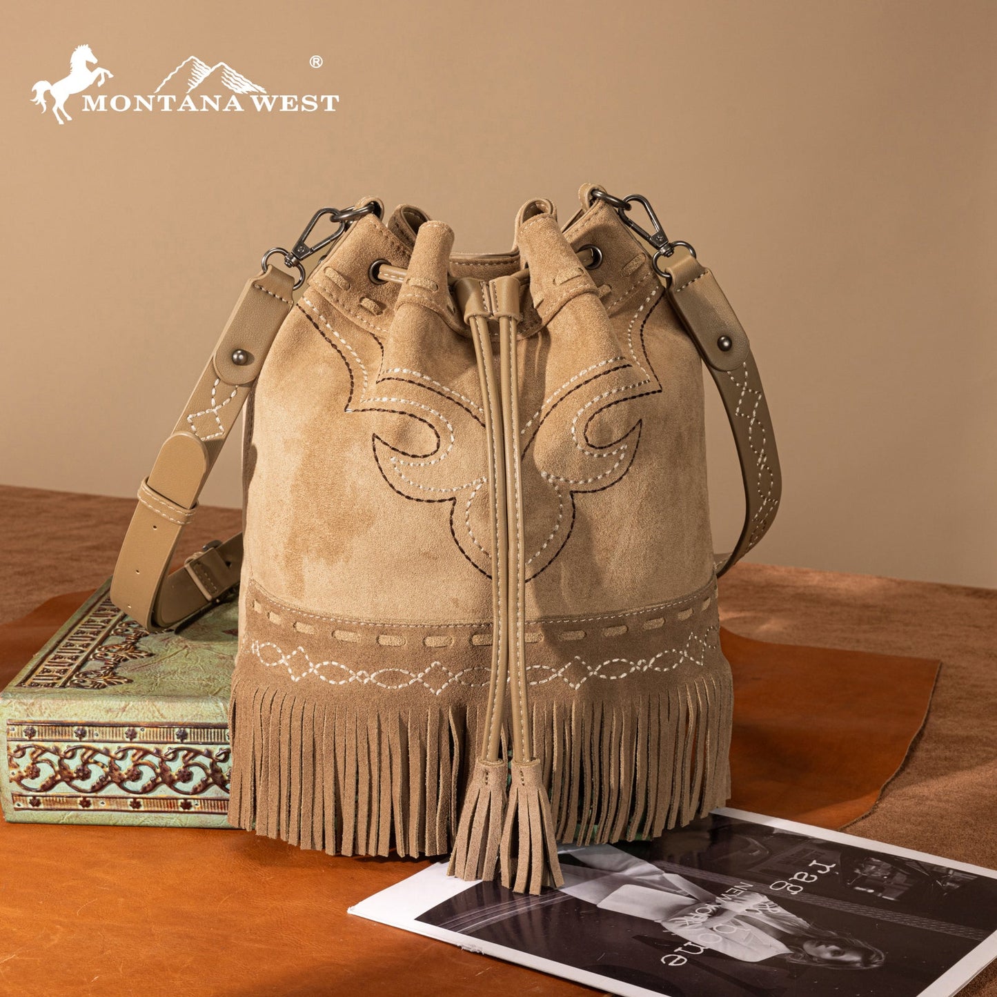 MW1341-8311 Montana West Boot Stitch Fringe Drawstring Crossbody Bag