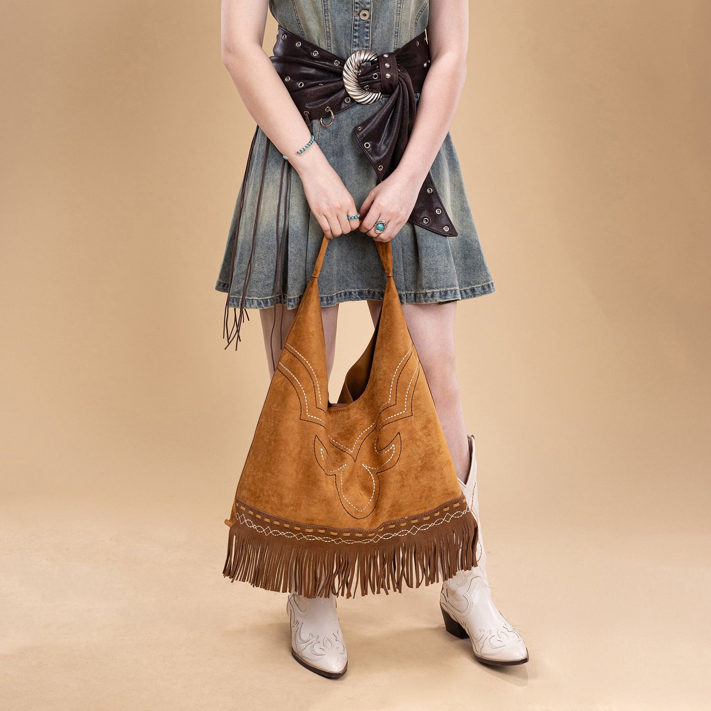 MW1341-9182   Montana West Boot Stitch Fringe Large Hobo Bag