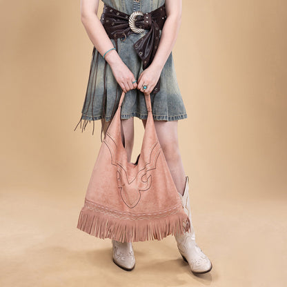 MW1341-9182   Montana West Boot Stitch Fringe Large Hobo Bag