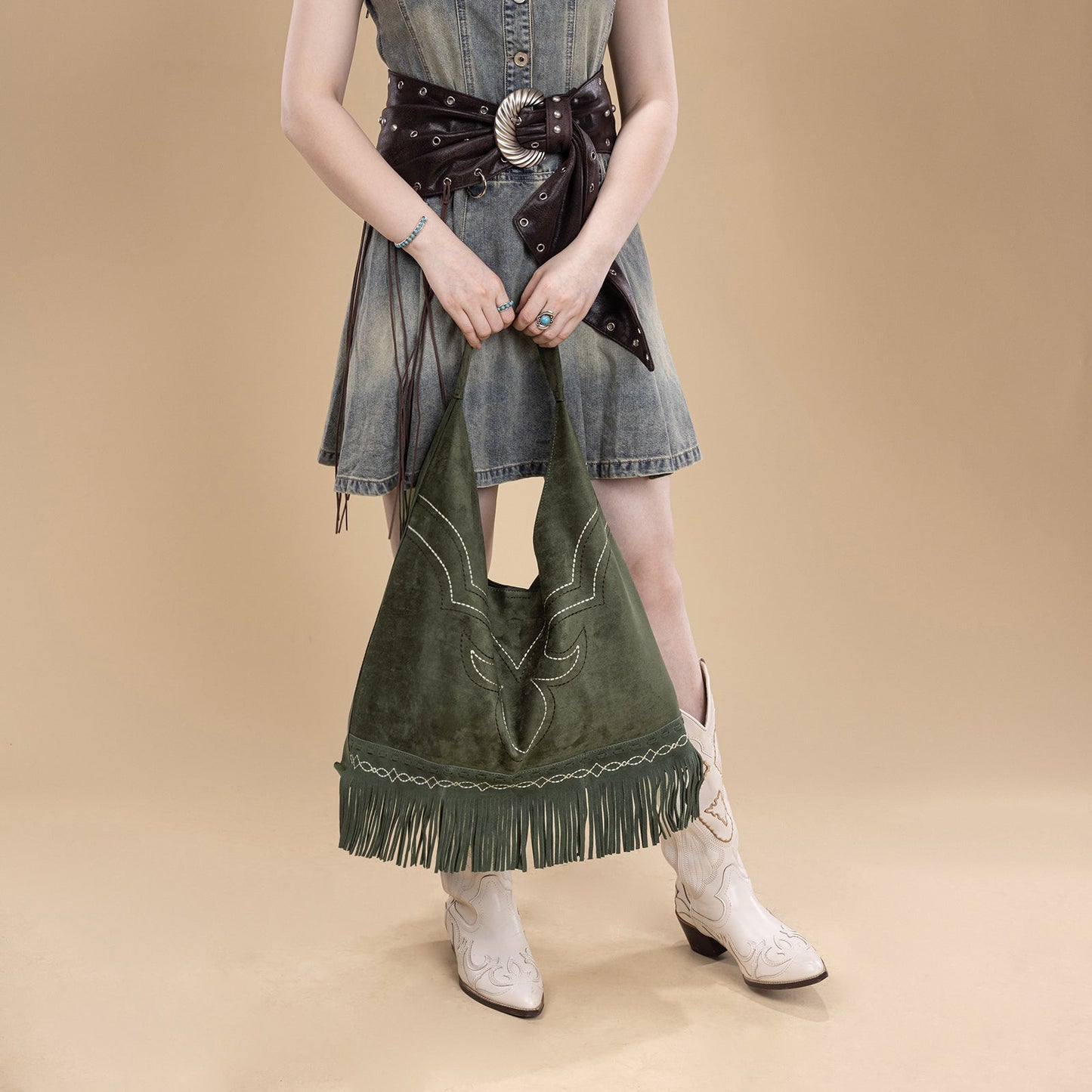 MW1341-9182   Montana West Boot Stitch Fringe Large Hobo Bag