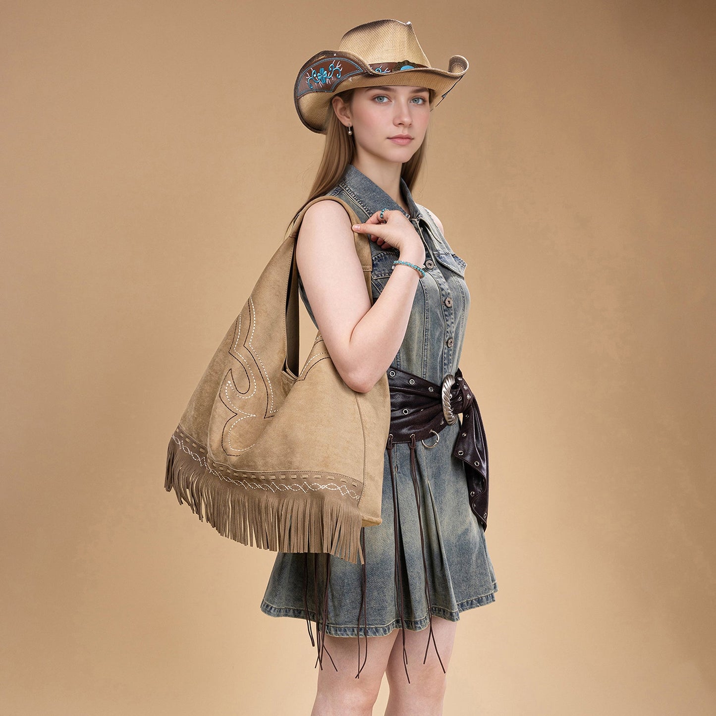 MW1341-9182   Montana West Boot Stitch Fringe Large Hobo Bag