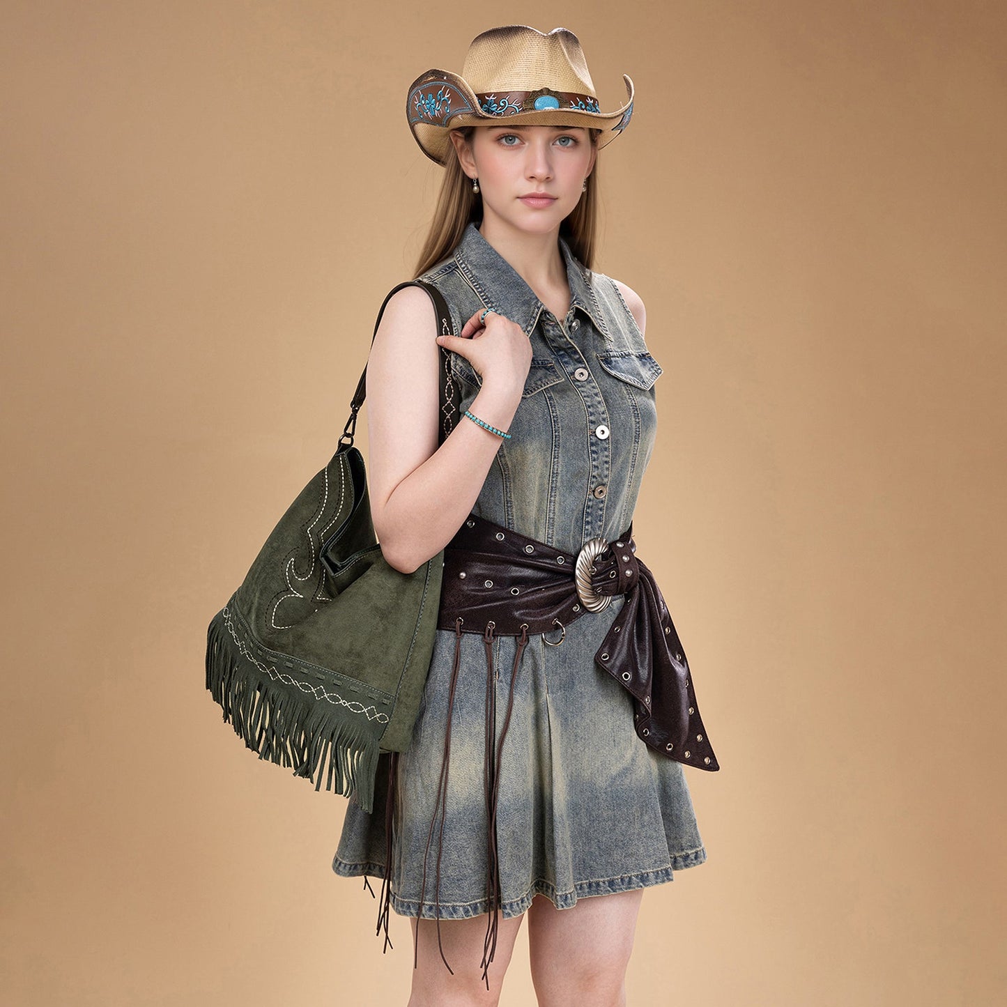 MW1341-918  Montana West Boot Stitch Fringe Hobo Bag